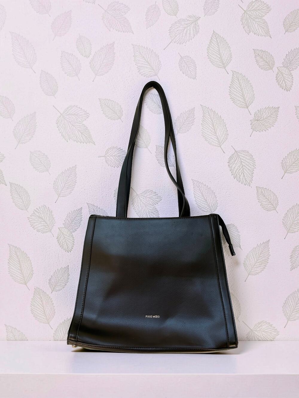 Pixie Mood Black Vegan Leather Tote Bag Shoulder Purse Work Bag Zip Top